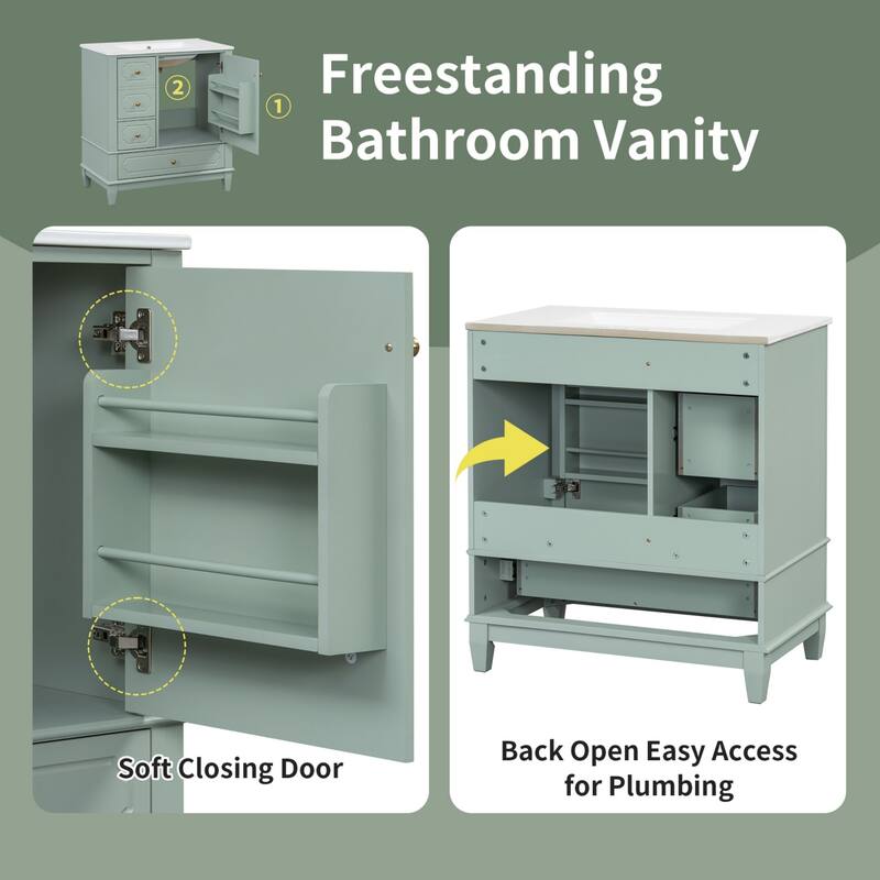30 " Bathroom Vanity with Sink, Drawers, and Storage Shelves