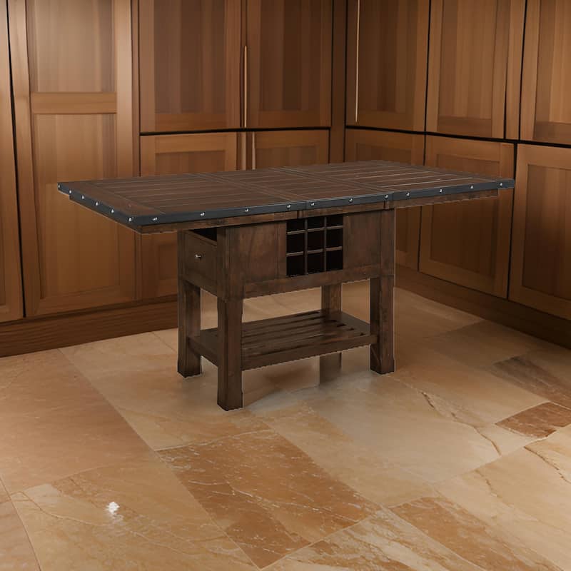 Lsy 60-78 Inch Counter Table, Extendable, Wine Rack and Drawers, Brown Wood