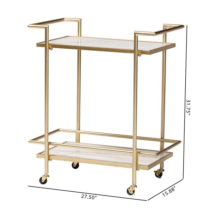 Louise Contemporary Glam and Luxe Gold Metal and White Marble 2-Tier Wine Cart