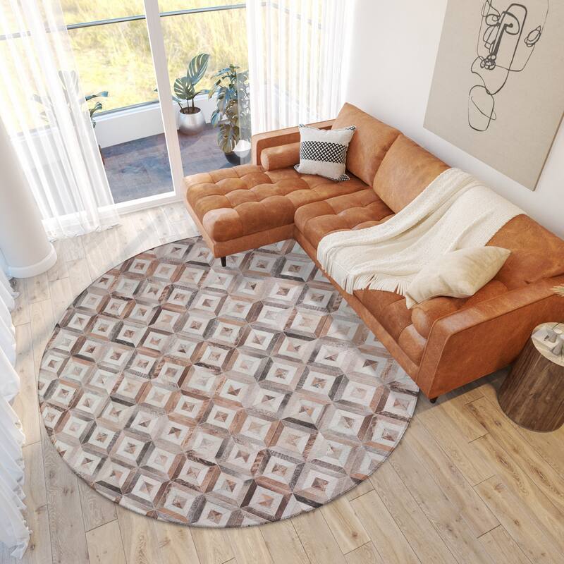 Indoor/ Outdoor Laredo Geometric Faux Hide Patchwork Washable Area Rug - 8' x 8' - Gray
