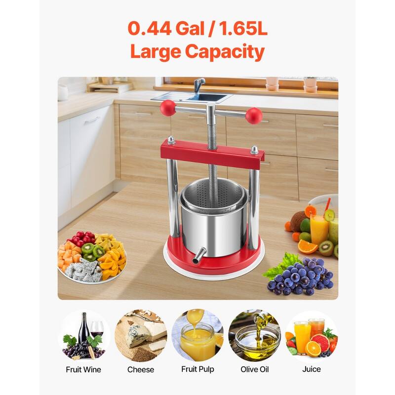 1.65L Stainless Steel Fruit & Wine Press Manual Juicer for Fresh Juice Wine and Olive Oil - 220x325 mm,