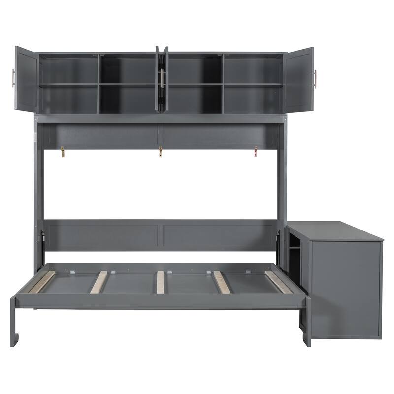 Queen Size Wall Murphy Bed Chest with Top Cabinet and Desk, Wooden Hidden Wall Bed Frame, Foldable Platform Cabinet Bed