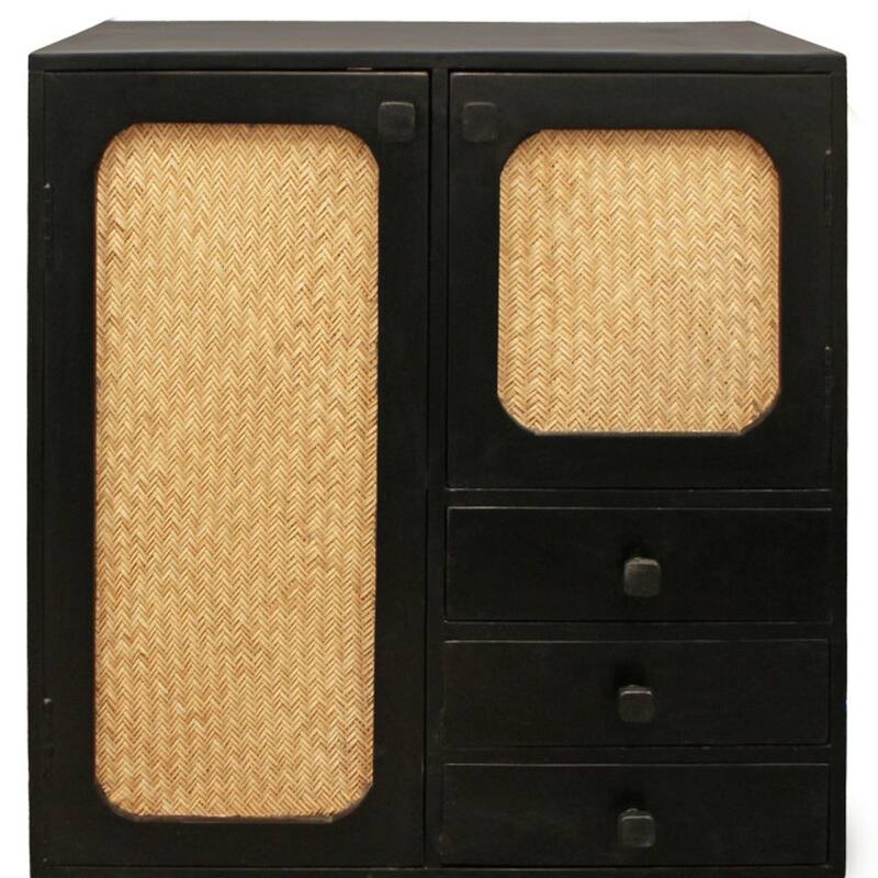 HomeRoots 32" Black Distressed Solid Wood Three Drawer Sideboard with Two Doors - 31.50 in. x 37.00 in. x 12.00 in.