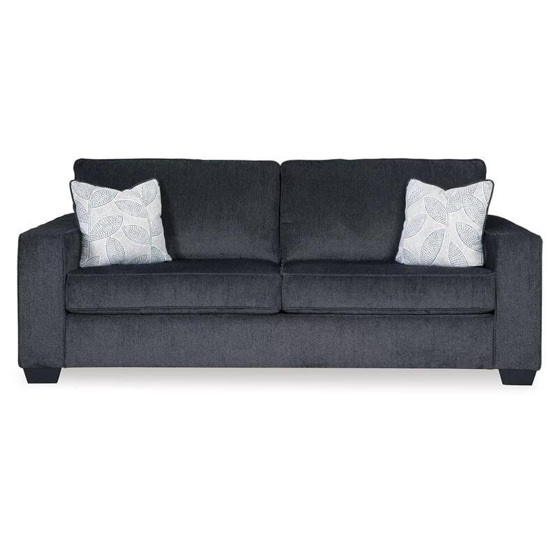 Alti 85 Inch Sofa with 2 Floral Print Throw Pillows, Dark Gray Chenille