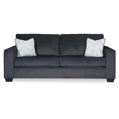 Alti 85 Inch Sofa with 2 Floral Print Throw Pillows, Dark Gray Chenille