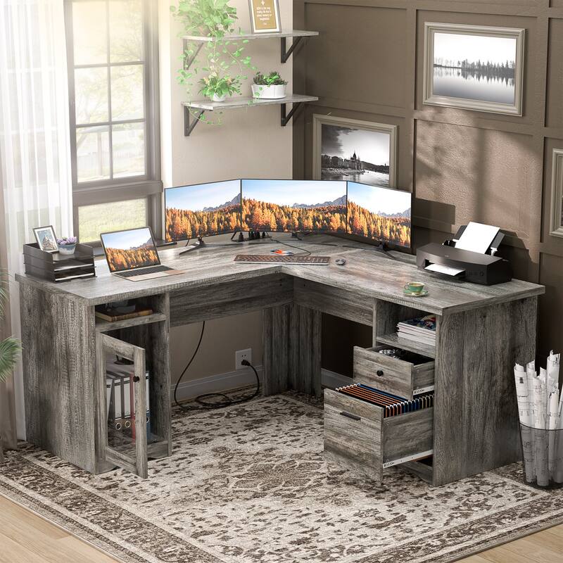 Modern Farmhouse L-Shape Desk with File Cabinet and Drawers, Homer Office Executive Desk with Charge Station