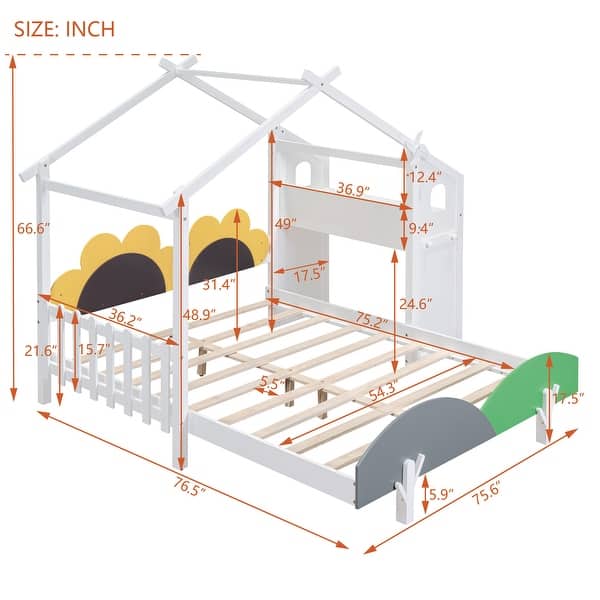 dimension image slide 2 of 3, Full Size Platform Bed with Windmill, Flower Decor & Desk - Creative Design