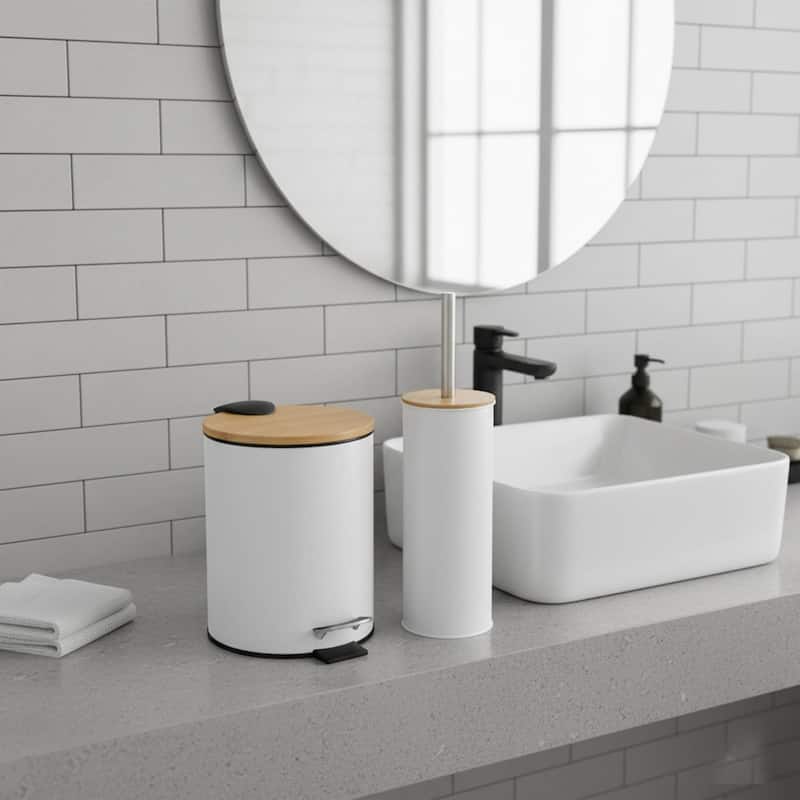 Bathroom Set with Bamboo Lid - Matte Metal Trash Can and Toilet Brush - 15.6" H x 11" L x 11" W - White