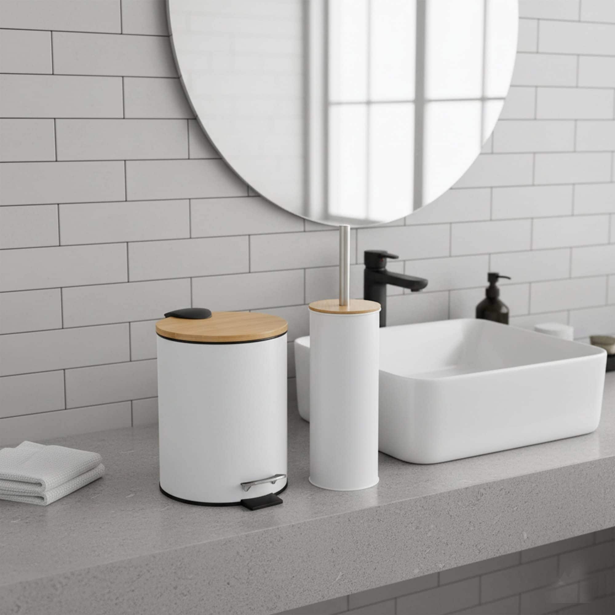 Bathroom Set with Bamboo Lid - Matte Metal Trash Can and Toilet Brush - 15.6" H x 11" L x 11" W