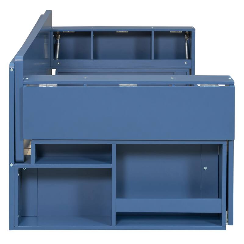 4-in-1 Multifunctional Daybed Storage Bed Frame with Removable Desk, Drawers, Bookcase Shelves and Hydraulic Side Tables