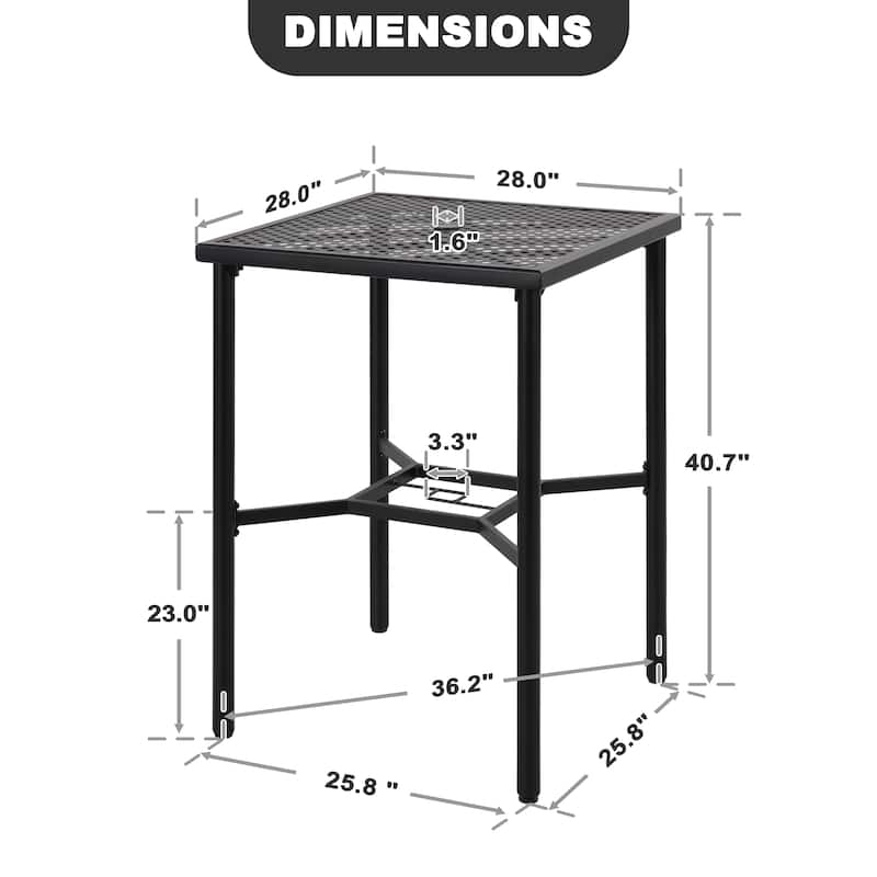 Outdoor 28" Square Bar Table with Mesh Top and 1.57" Umbrella Hole