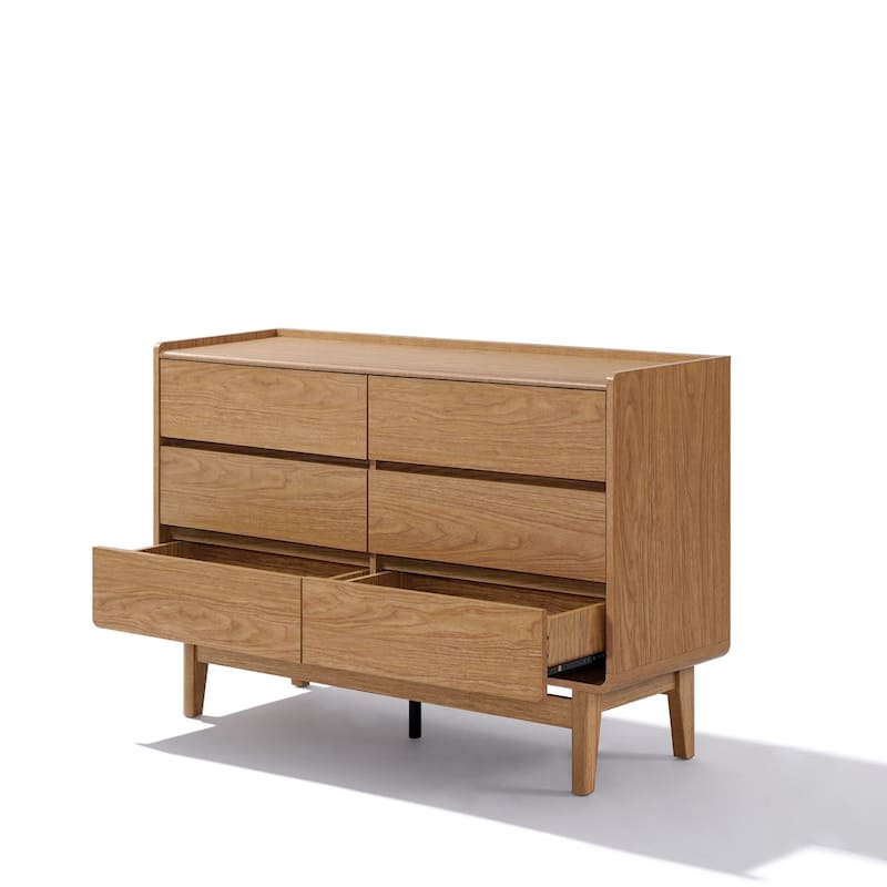 Mid-Century Style Natural Finish Dresser, 6 Drawers, Horizontal Storage, Engineered Wood