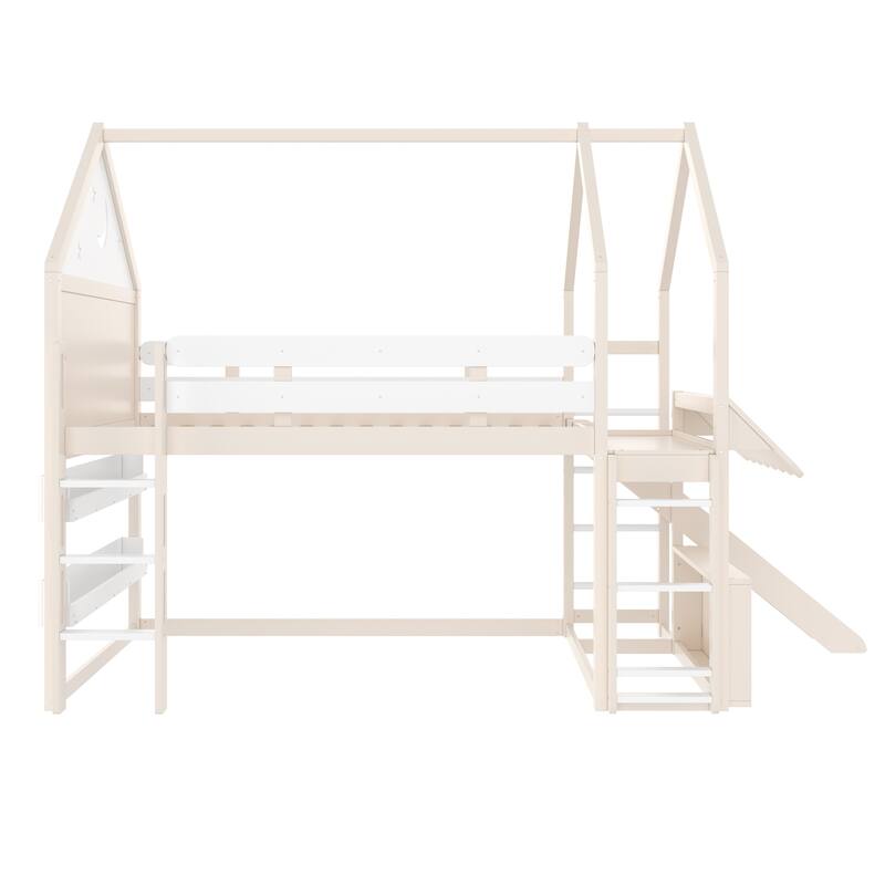 Starry Moon Kids Bed Frame Full Size Bunk Bed House Loft Bed with Built-in Bookshelves, Ladders and Reversible Slide for Playful