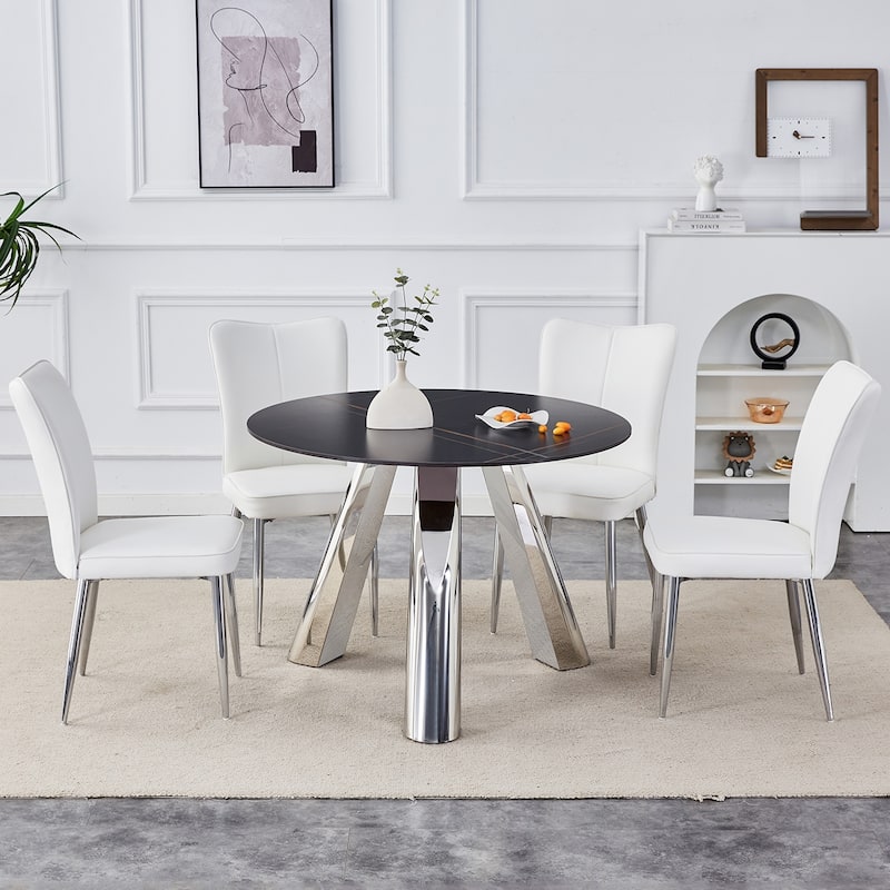 5-Piece Round Dining Table Set with Stain-Resistant Surface, PU Chairs, Military-Grade Steel Legs,Scratch-resistant