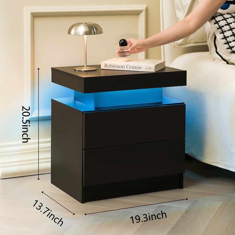 GDF Studio - Avalon Modern LED Nightstand with Dual Drawers and Open Storage Shelf