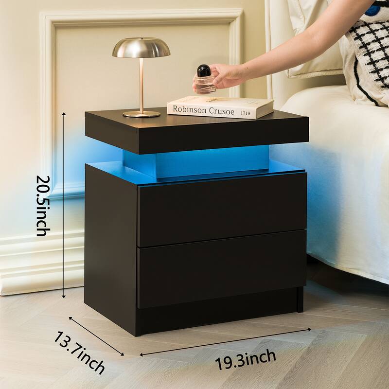 Modern Black LED Nightstand with 2 Drawers and Adjustable Lighting