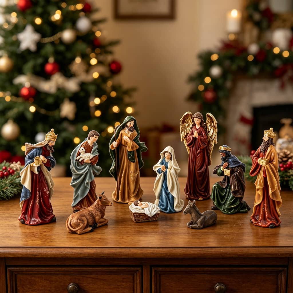 Glitzhome 8"H Ivory/Multi-color Resin Nativity Figurine Set