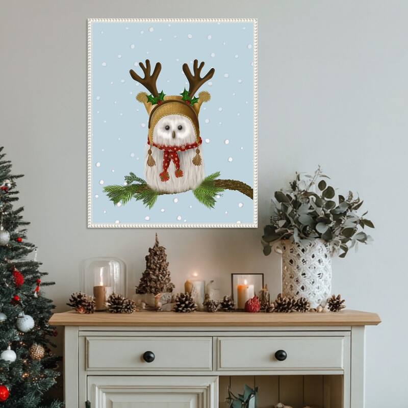 Christmas Fluffy Owl and Antlers by Fab Funky (23 x 28 in.), Framed Canvas Wall Art Print - Sylvie Beaded White