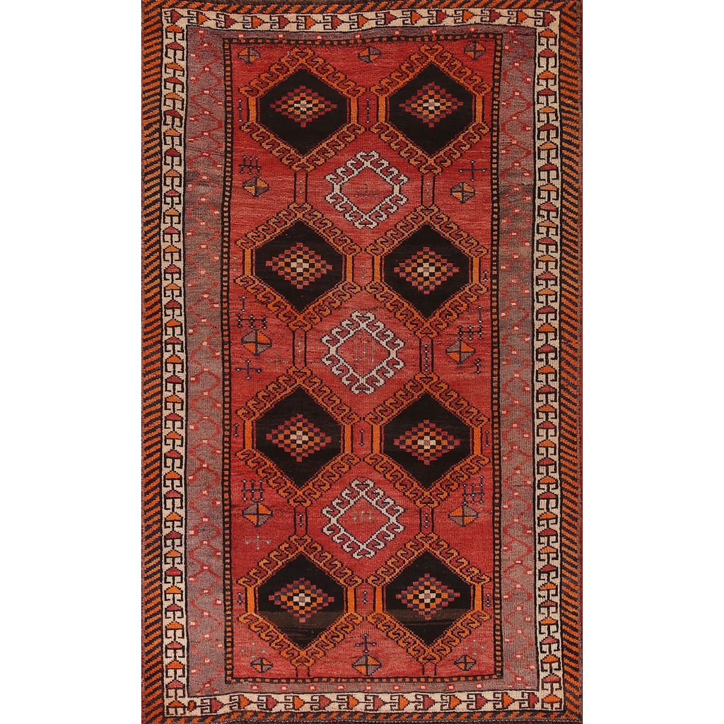 Geometric Orange Shiraz Persian Vintage Rug Hand-knotted Wool Carpet - 4'11"x 7'11"