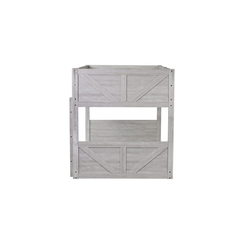 Antique White Twin Over Twin Floor Bunk Bed with Panelled Headboard, Footboard, and Built-in Ladder