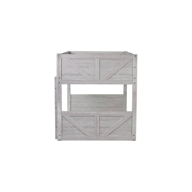 Low Twin Over Twin Size Bed Floor Bunk Bed with Panelled Headboard Footboard, Ladder and Guardrails, Solid Rubber Wood Frame