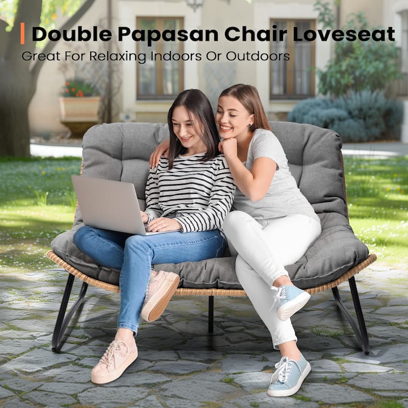 Double Papasan PE Rattan Chair Loveseat with Cushion For Indoor Outdoor