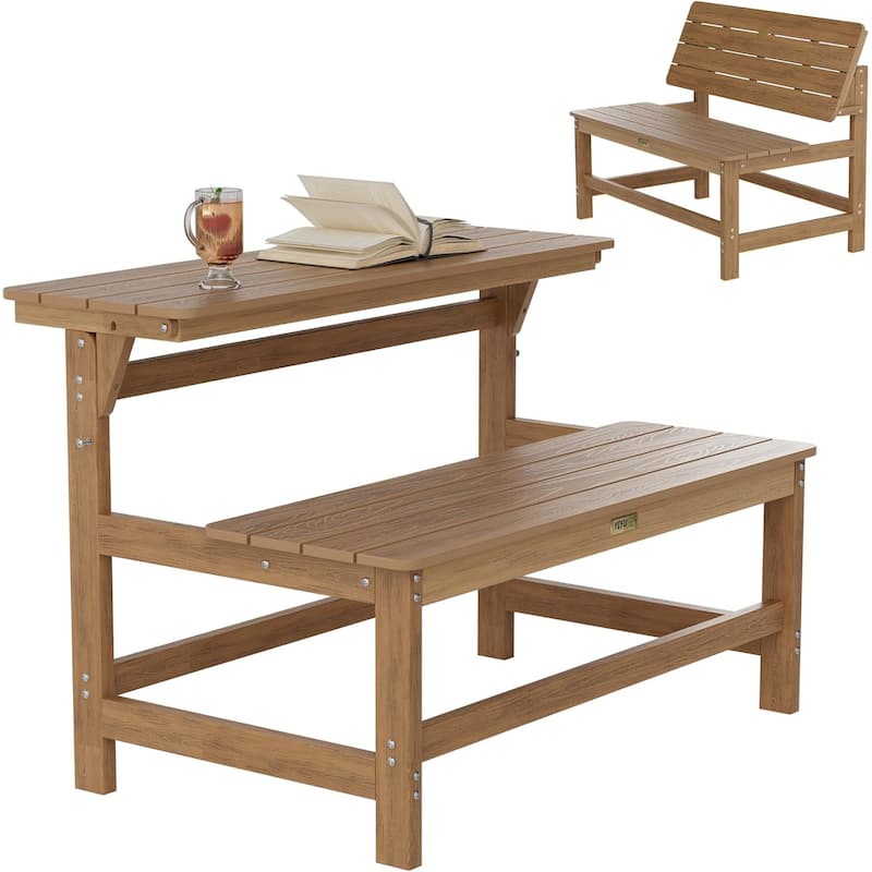 WINSOON All Weather HIPS Outdoor Convertible Bench Picnic Table with Umbrella Hole