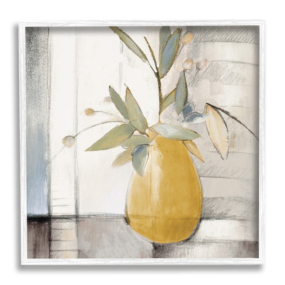 Stupell Abstract Quaint Potted Plant Green Leaves Grey Wall Framed Wall Art