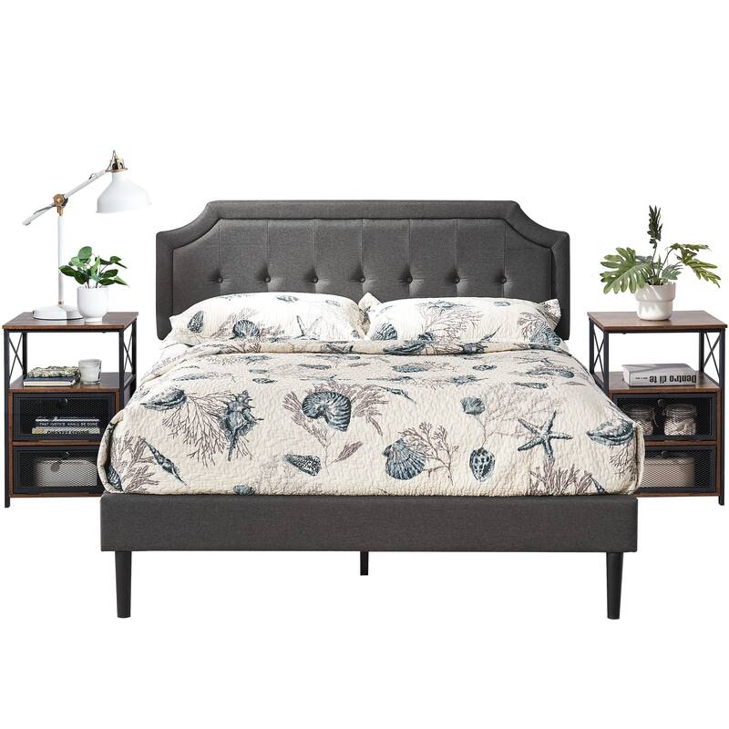 VECELO 3-pieces Height Adjustable Tufted Upholstered Bed Frame and Modern Nightstand Sets