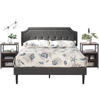 VECELO 3-pieces Height Adjustable Tufted Upholstered Bed Frame and Modern Nightstand Sets