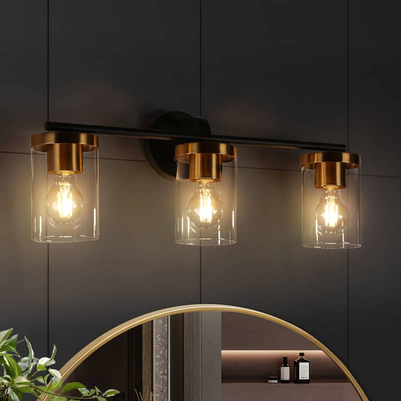 Modern 3-Light Black Gold Wall Sconces Cylinder Clear Glass Vanity Light for Bathroom - 23.6" L x 6.3" W x 9.4" H