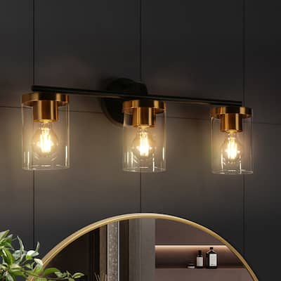 Modern 3-Light Black Gold Wall Sconces Cylinder Clear Glass Vanity Light for Bathroom - 23.6" L x 6.3" W x 9.4" H