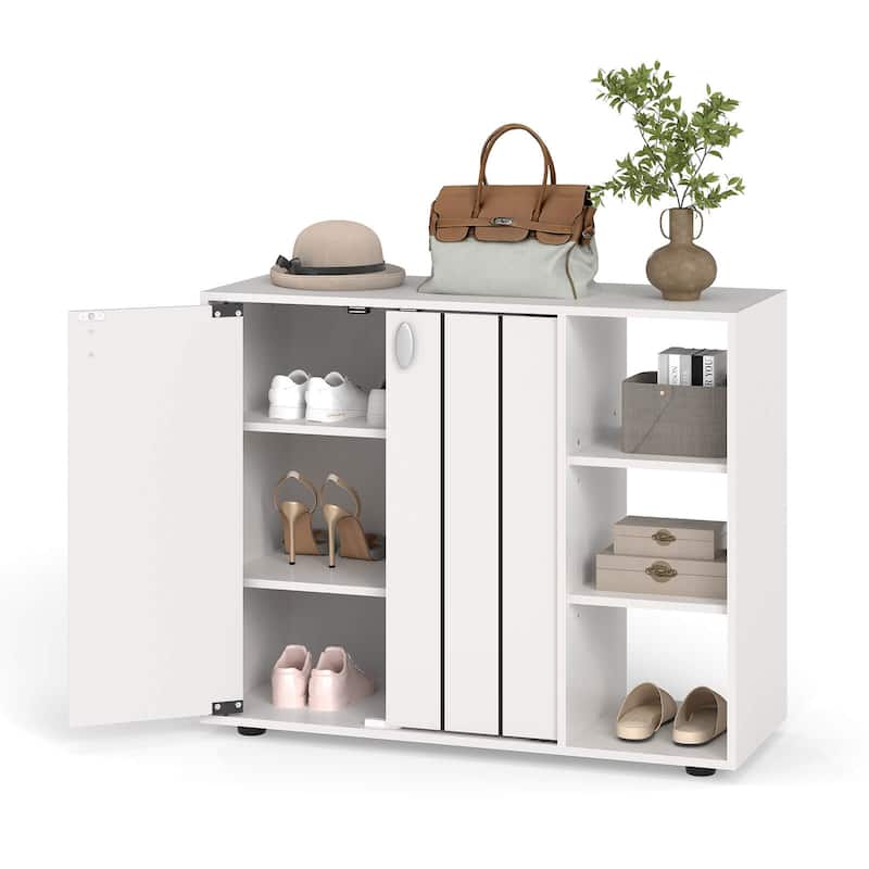 Costway 3-Tier Wooden Shoe Storage Organizer with Doors & 3-Level - See Details - White