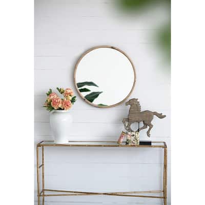 28" Round Wood Wall Mounted Mirror Home Decor for Bathroom Living Room