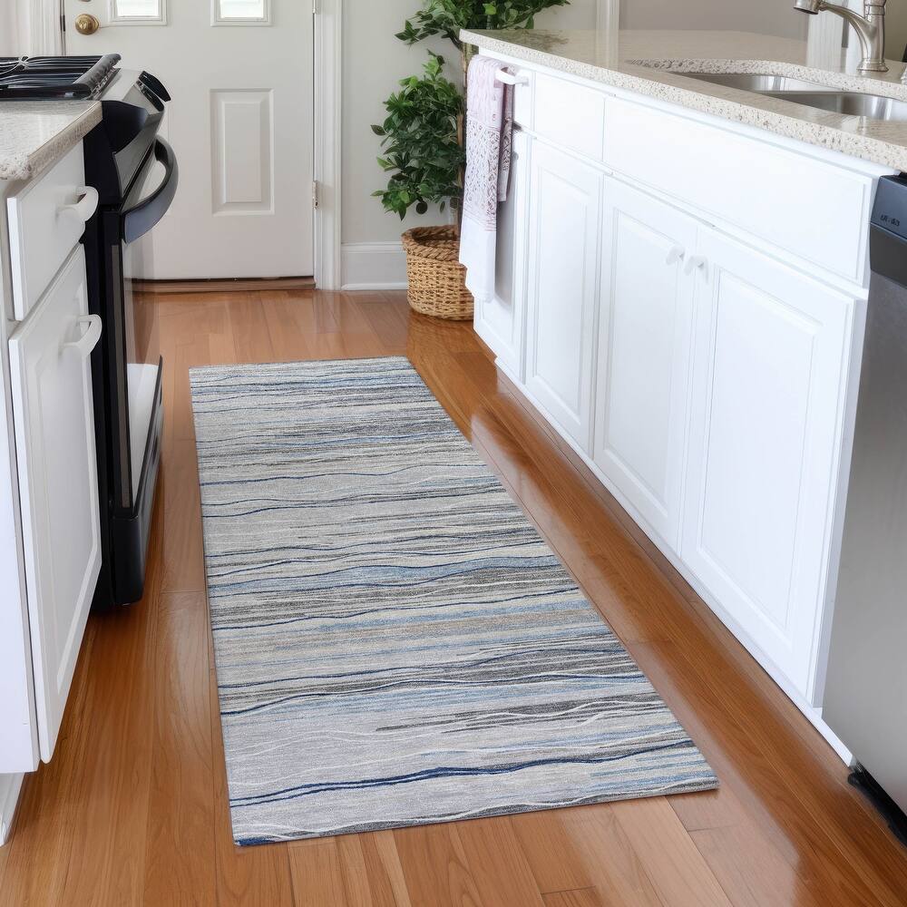 Machine Washable Indoor/ Outdoor Modern Stripe Chantille Rug