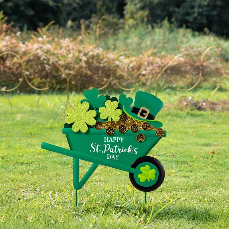 Glitzhome 24"H St. Patrick's Metal Shamrocks Wagon Yard stake or Wall Decor - "Shamrocks Wagon"