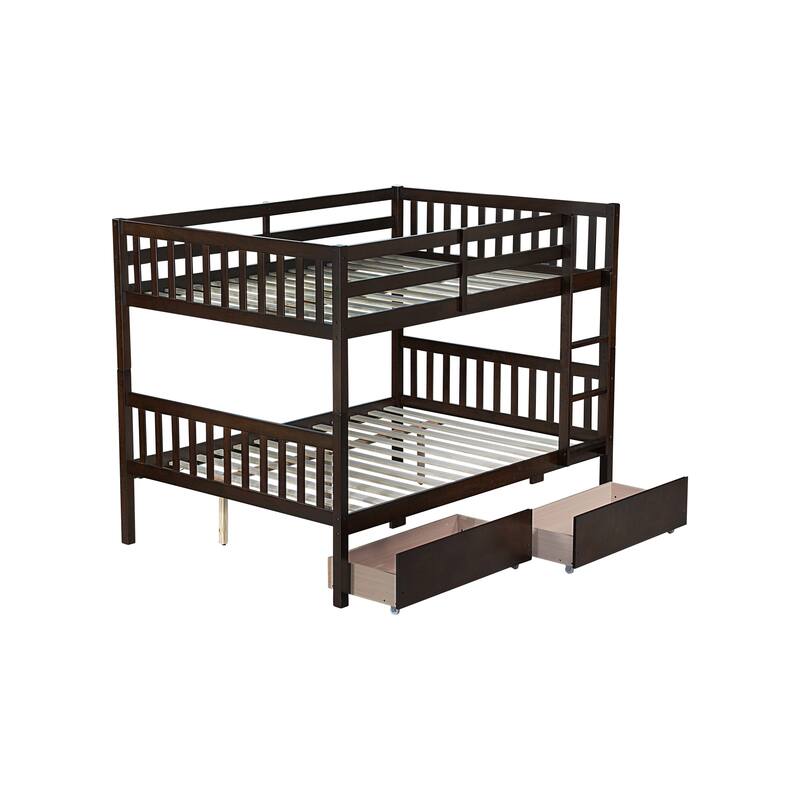 Full Over full Rubber Wood Bunk Bed with 2 Drawers, into 2 full Beds, full Size Bunk Bed with Ladder and Safety Guardrails