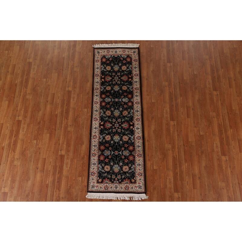 Hand Knotted Oriental 100% Wool Carpet Traditional Floral Black Kashan Runner Rug - 7' 8'' X 2' 6''