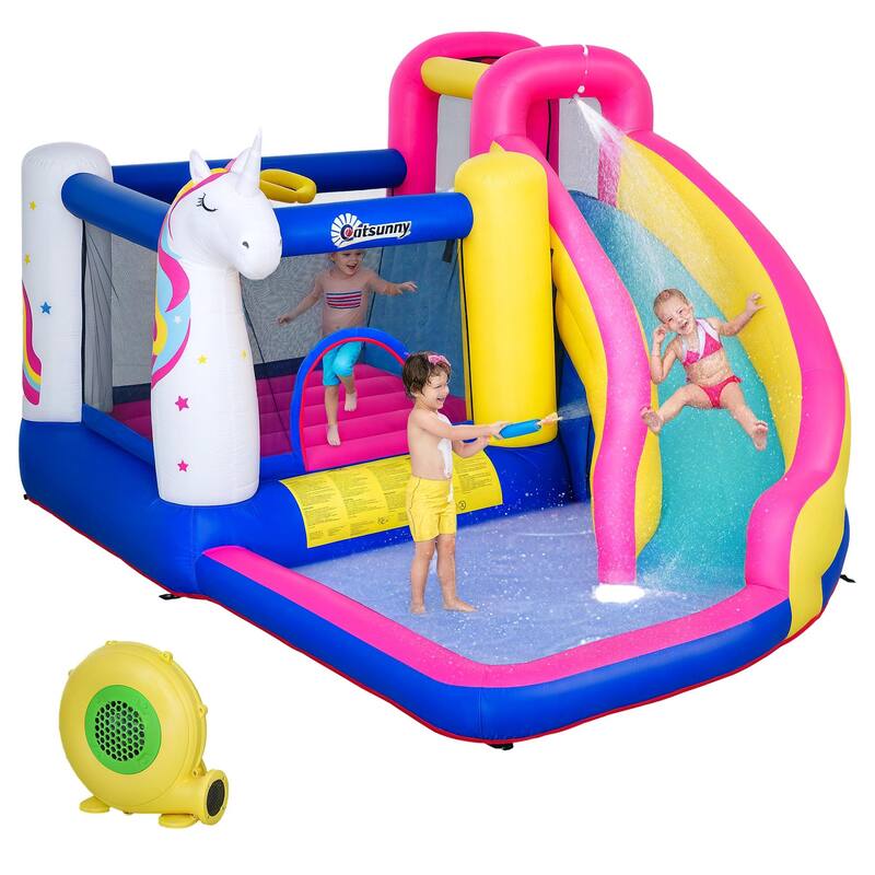 Outsunny Kids Bounce Castle House Inflatable Trampoline Water Slide Pool Climbing Wall 5 in 1 with Inflator for Kids Age 3-8