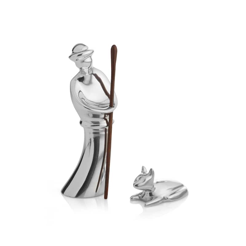 Nambe Miniature Nativity Figurines Shepherd and Lamb - Shepherd: 2” W x 4.5” H Lamb: 2” L x 1” H - Wood/Metal - Silver and Wood