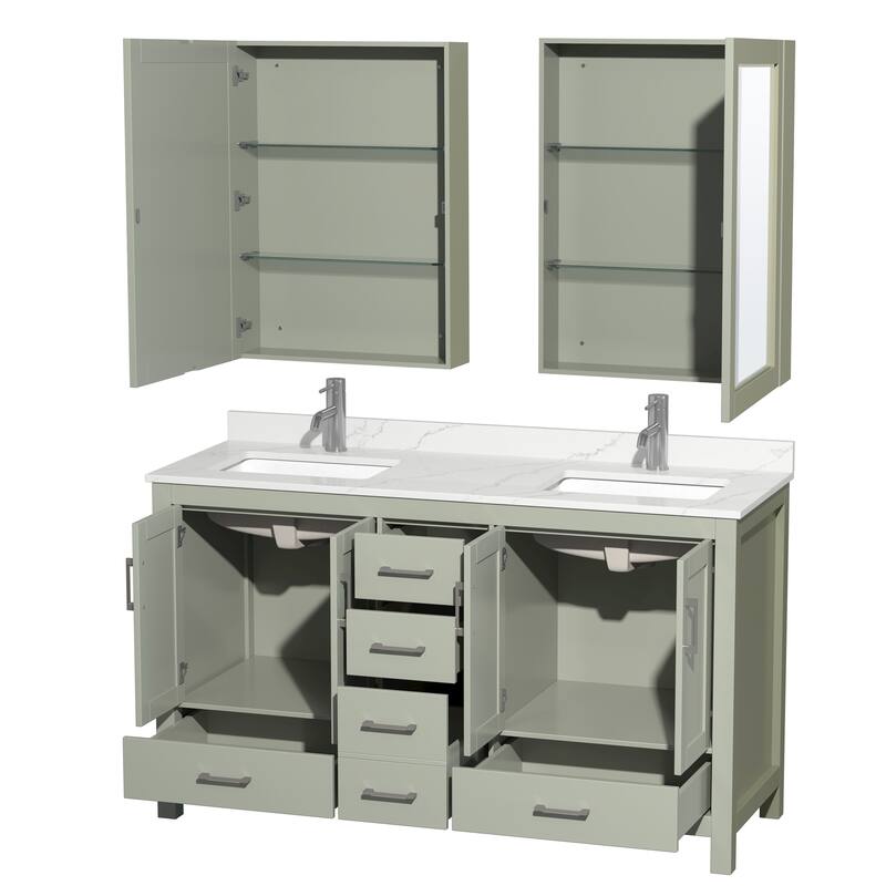 Sheffield 60-inch Double Vanity, Single Hole Quartz Top, Med Cabinets