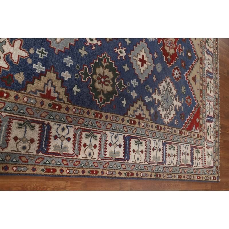 Blue Geometric Kazak Oriental Area Rug Handmade Wool Carpet - 7'10" x 9'9"
