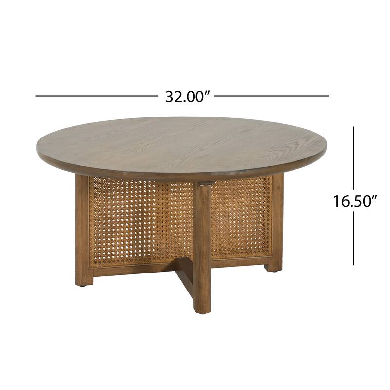 32'' Rattan Coffee Table Round Side Table, Wood Center Table End Table Rustic Dining Table for Living Room