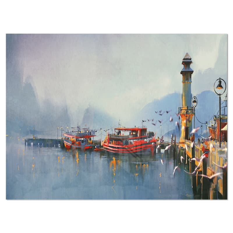 Designart 'Fishing Boats in Harbor' Landscape Metal Wall Art - 40 in. wide x 30 in. high - 1 panel