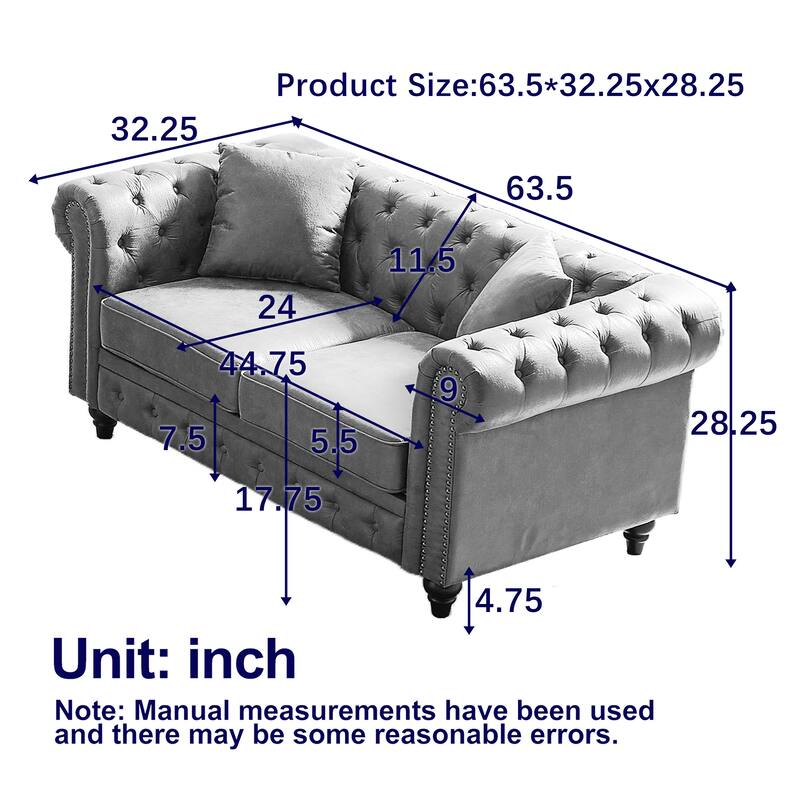 2-Seat Button Tufted Chesterfield Nailheads Sofa with 2 Pillows