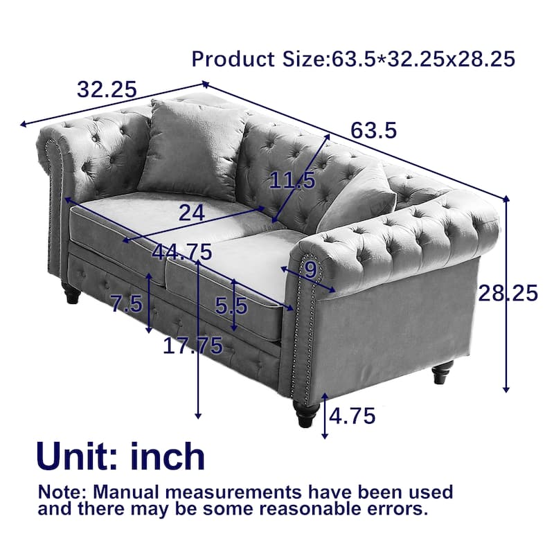 Button-Tufted Chesterfield 63.5" Sofa - Tech Fabric, Wooden Legs, Pillows