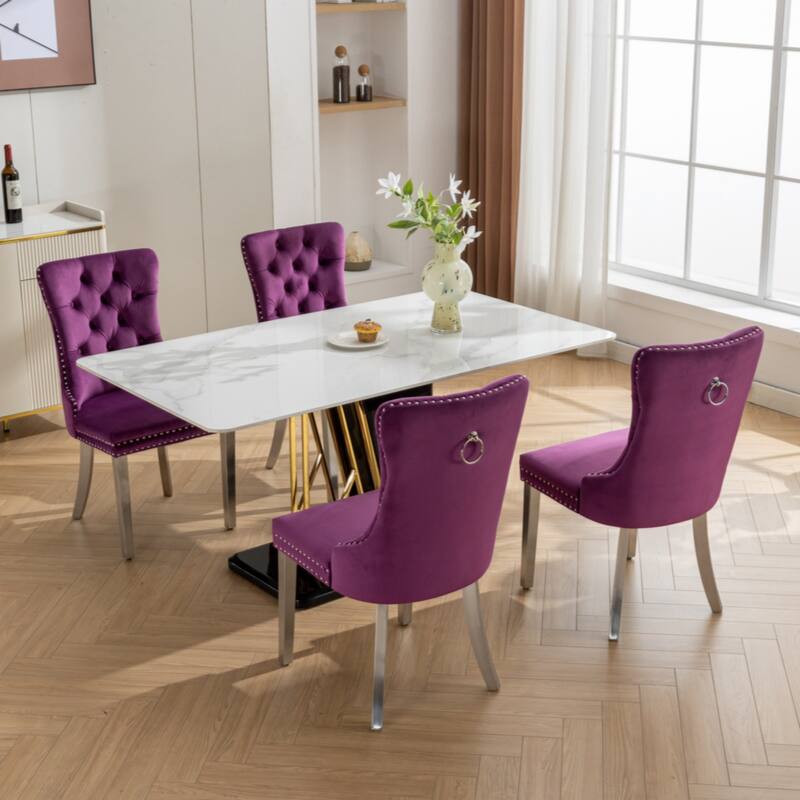High-end Tufted Solid Wood Contemporary Velvet Upholstered Dining Chair with Chrome Stainless Steel Plating Legs