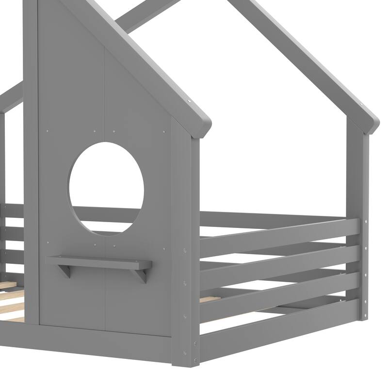 Full House Floor Bed with Window and a Small Shelf, Solid Wood Floor Bed with House-shaped Roof, No Spring Box Needed