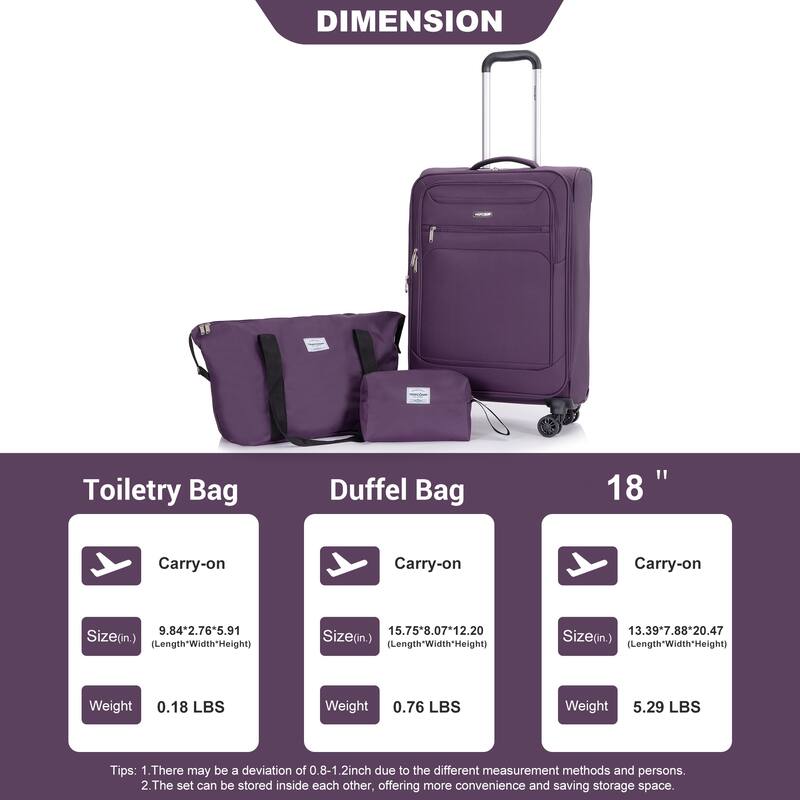 Durable 3-Piece Polyester Luggage Set (18" Carry-On, Travel Bag, Toiletry Bag) with 360° Spinner Wheels