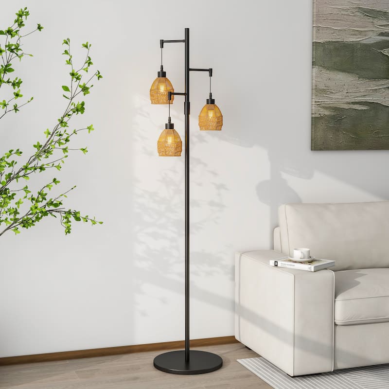 3-Lights Boho Floor Lamp with Rattan Shades - Non-dimmable/Black